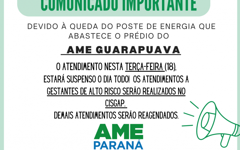 Cancelado Atendimentos no AME nesta terça-feira (18).